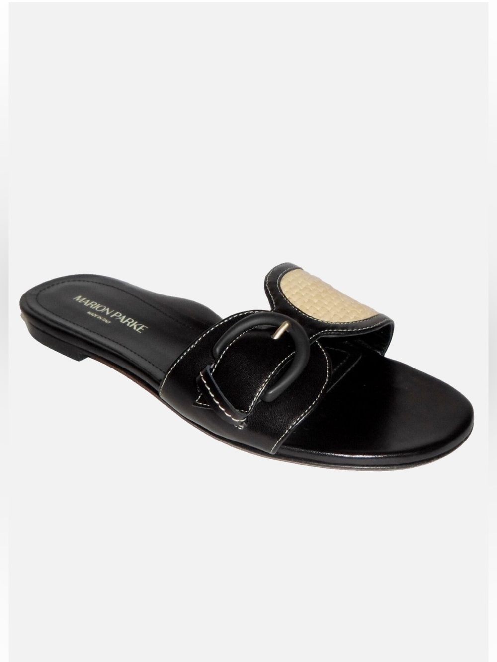 MARION PARKE Black Leather & Raffia Slide Sandals Size 38